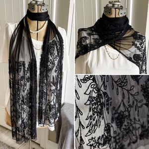 Extra long beaded black mesh scarf - dramatic & beautiful 🖤
